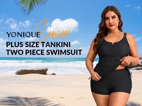Yonique Women's Plus Size Tankini Swimsuit - Two Piece Bathing Suit with Shorts V-Wired Tummy Control Swimwear