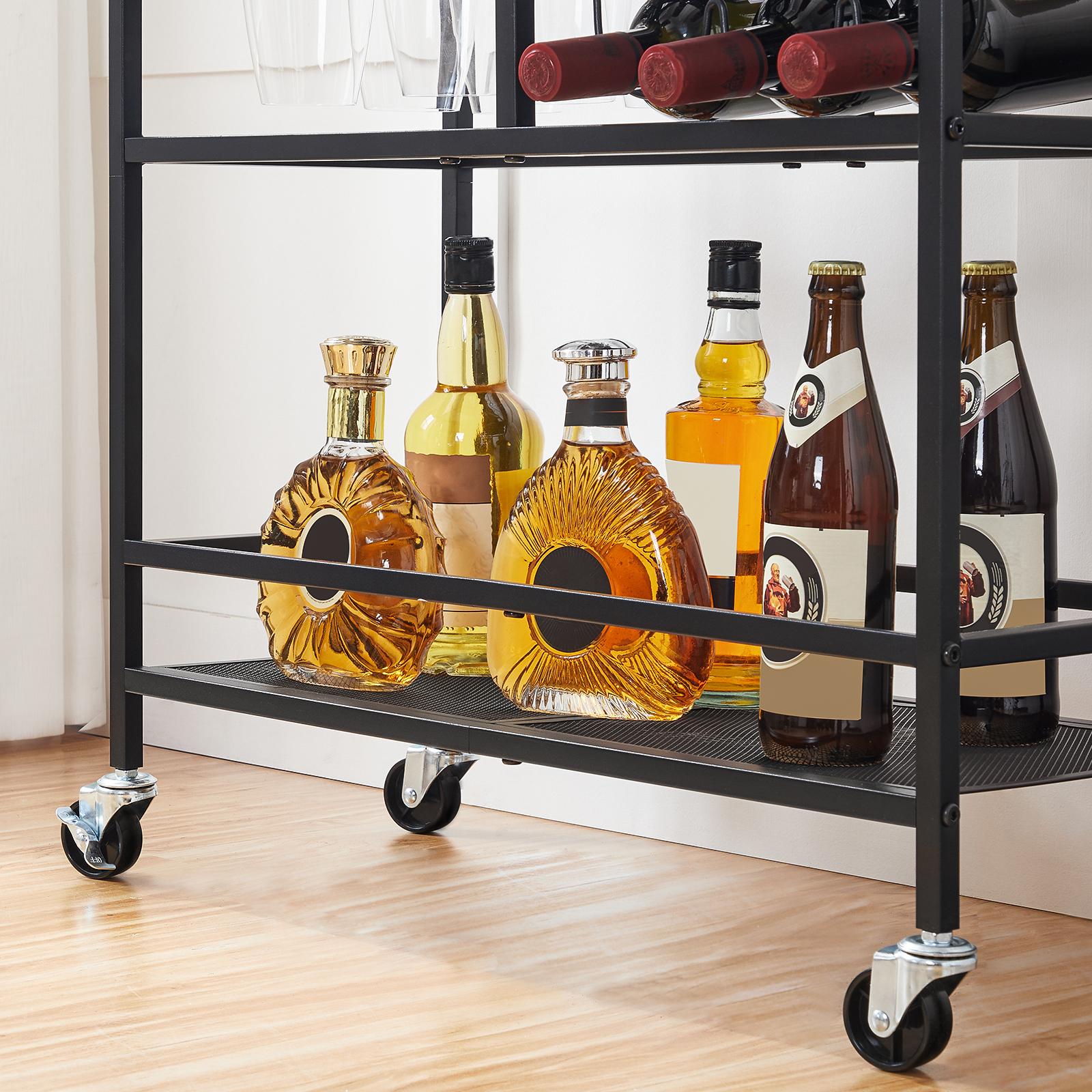 MAHANCRIS 3-Tier Bar Cart, with Wheels and Handle, Beverage Cart with Wine Rack and Glass Holders, for Kitchen, Dining Room, Rustic Brown
