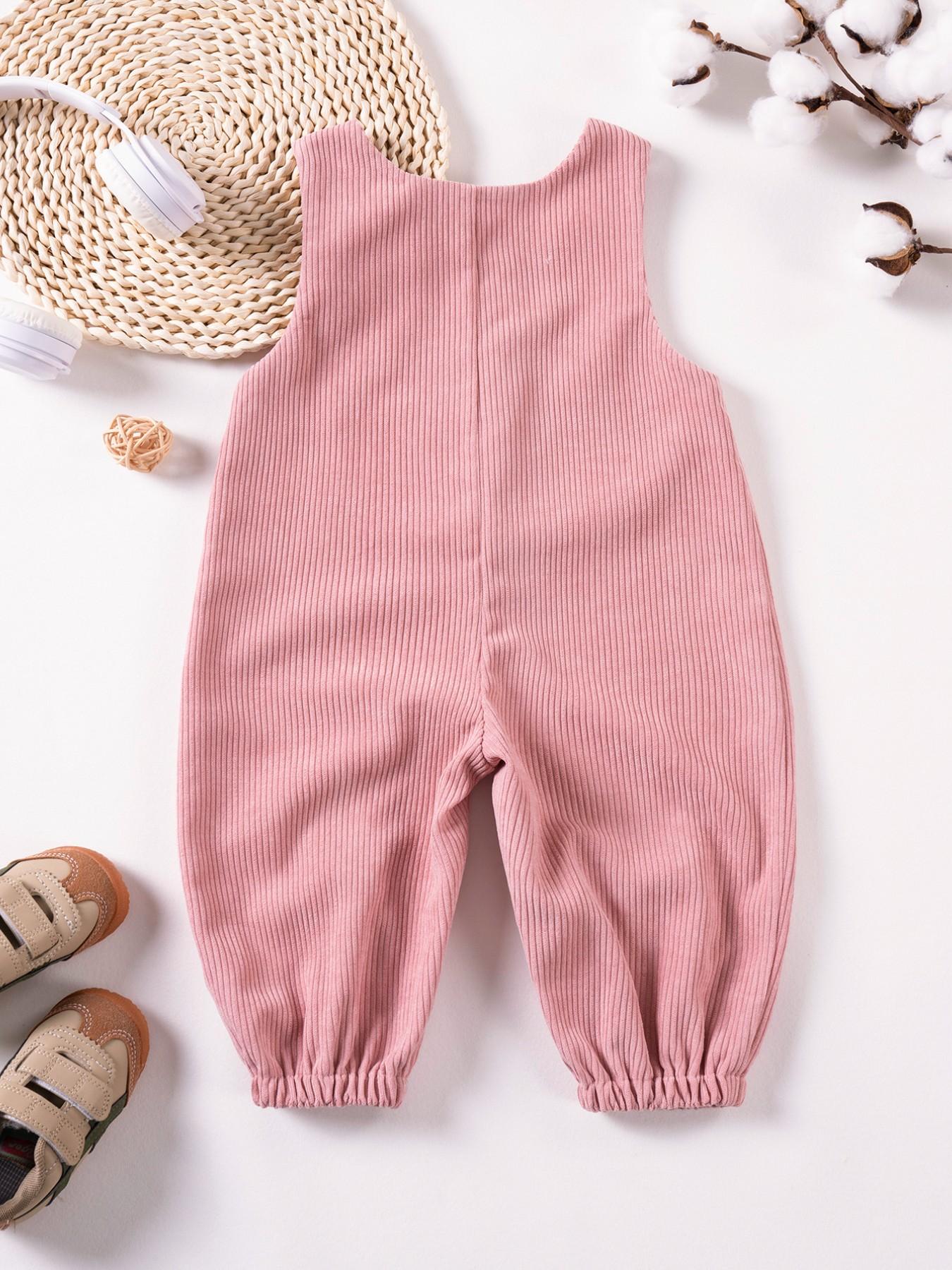 Baby's Plain Overalls with Bear Patch Decor, Casual Soft Comfy Sleeveless Jumpsuit for Summer, Newborn Infant Baby Clothes Girl Kids Clothes for Daily Wear