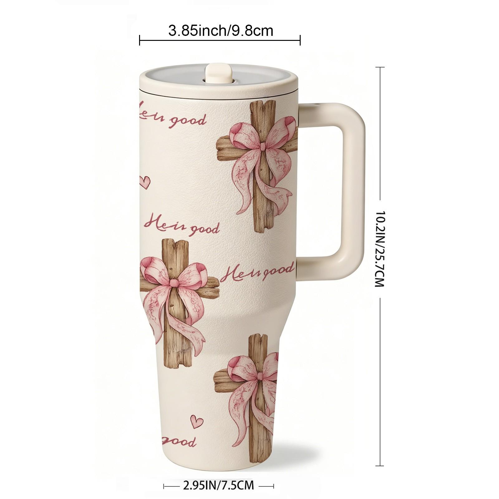 40oz Christian Faith Insulated Mug with Handle and Straw Lid, He Is Good Cross and Pink Bow Print, Double Wall Vacuum Thermal Mug for Hot and Cold Drinks, Large Capacity Car Travel Mug, Ideal Gift for Church Friends and Believers Tumbler