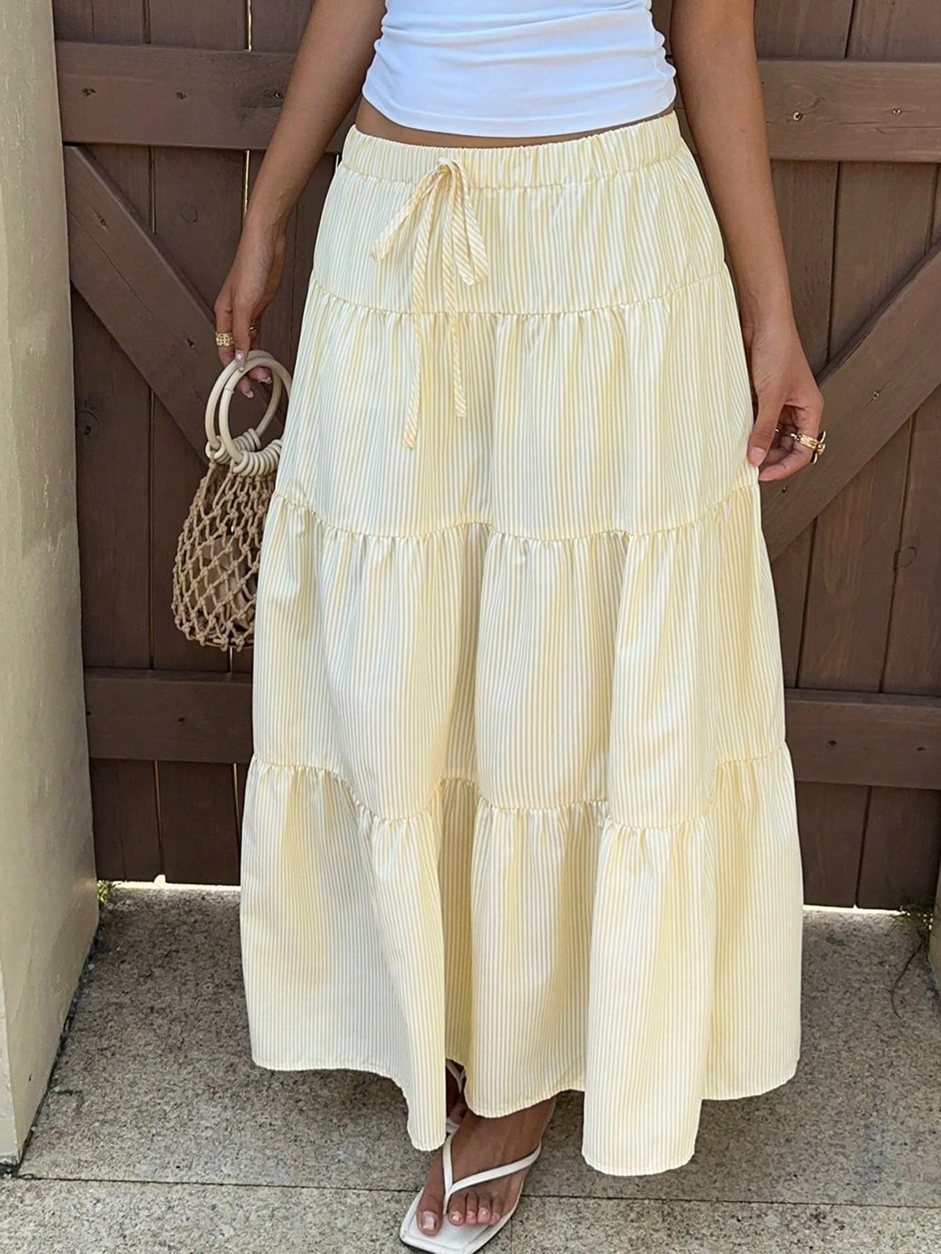 1 Piece Tie Drawstring Adjustable Elastic High Waist Tiered Multi Layer Spliced Ruffle Vertical Striped Loose Full Flowy Long Maxi Skirt, Boho Casual Fashionable Skirt