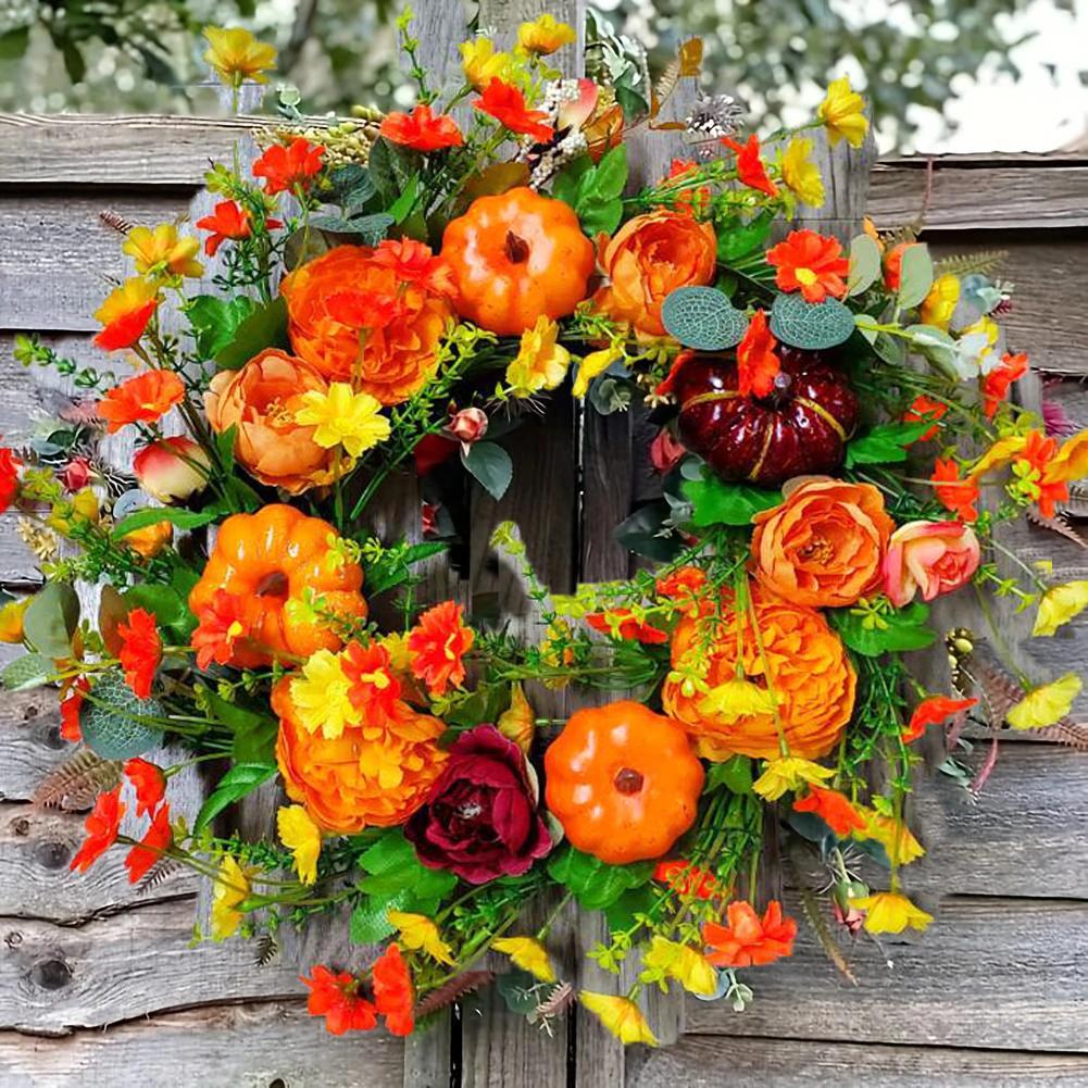 Classic Pumpkin Design Non-Woven Simulated Artificial Wreath (45cm/17.72in) - Lightweight, High-Quality Decoration with Realistic Texture, Bright Color, Strong Durability, Flower Filler for Autumn Front Door, Indoor-Outdoor Home Decor