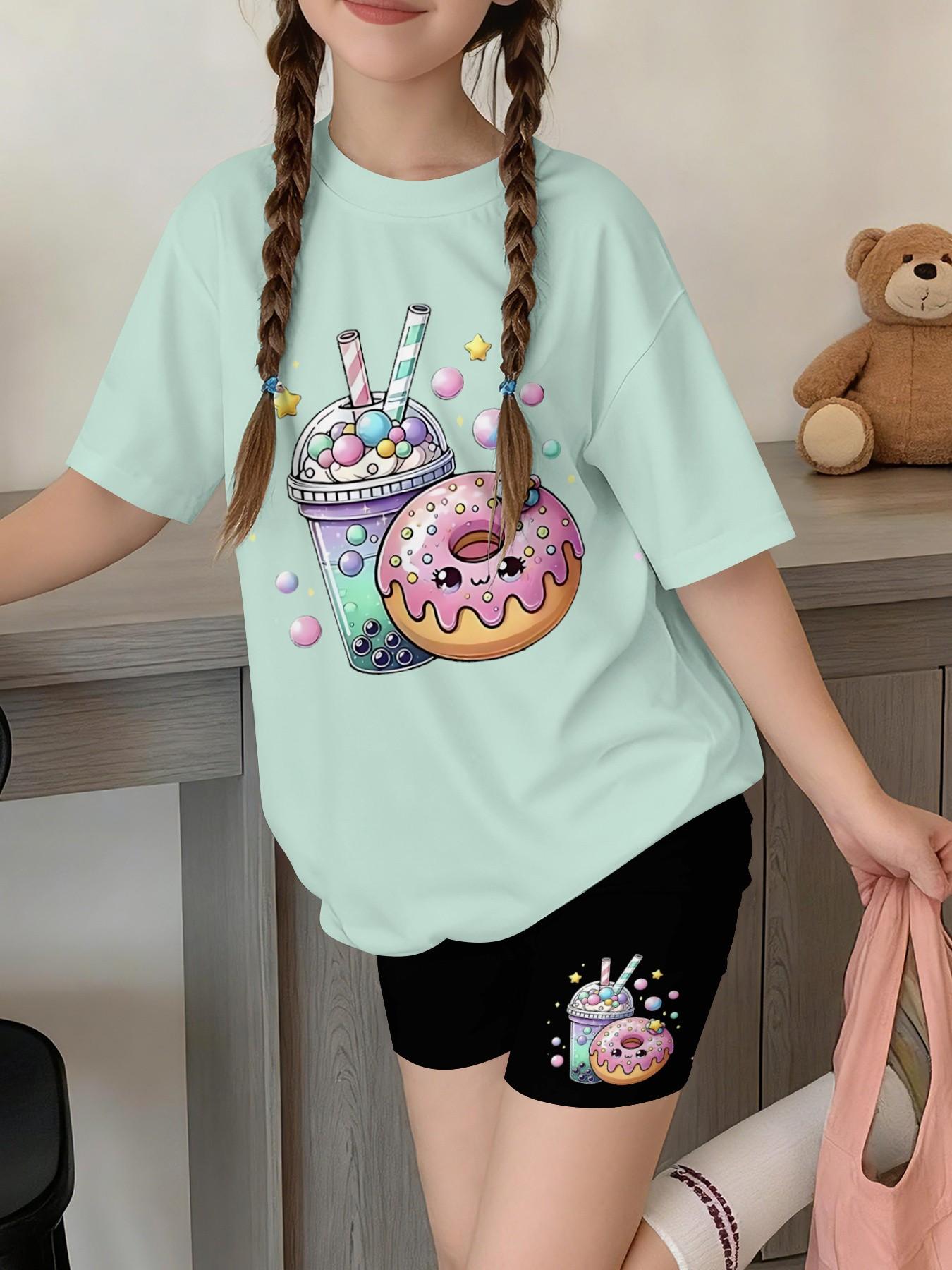Girls' Cartoon Print Short Sleeve T-Shirt and Pants Set, Casual Streetwear, Comfortable Daily Wear, Perfect Gift for Kids, Outdoor Fashion