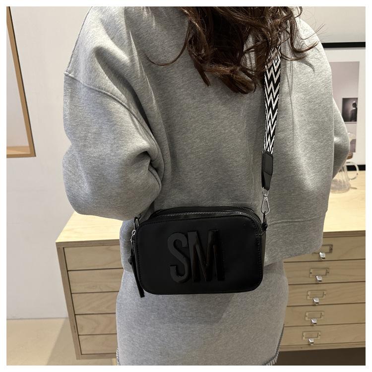 Stylish Versatile Women Single Shoulder Bag, SM Letter Pu Leather Small Square Bag, Leisure Wide Shoulder Strap Cross Body Bags