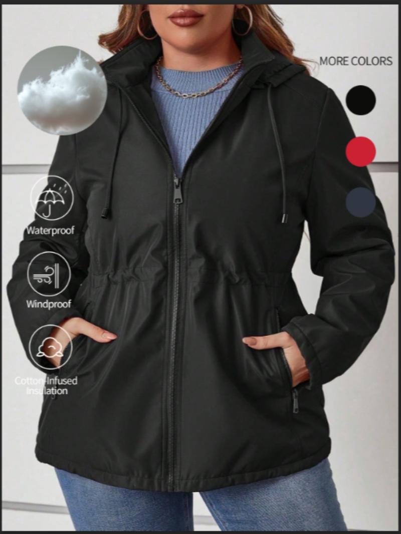 Women's Plus Size Cotton Jacket, Hooded Spring Fall Coat, Waist Drawstring Pocket Casual Outerwear, Warm Winter Thin Cotton Vest