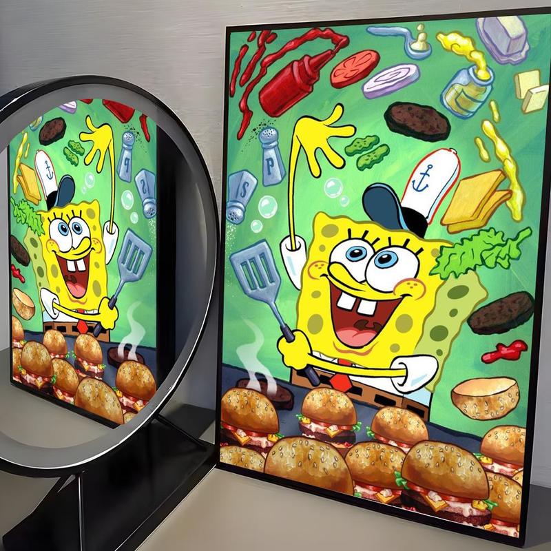 Cartoon S-SpongeBob S-SquarePants Poster Waterproof HD Wall Sticker | Self-Adhesive Decorative Art Poster | Fade-Resistant Scratch-Proof for Long-Term Use | Easy to Apply and Clean | for Home Office Bedroom Living Room Kitchen Decor | Gift Idea