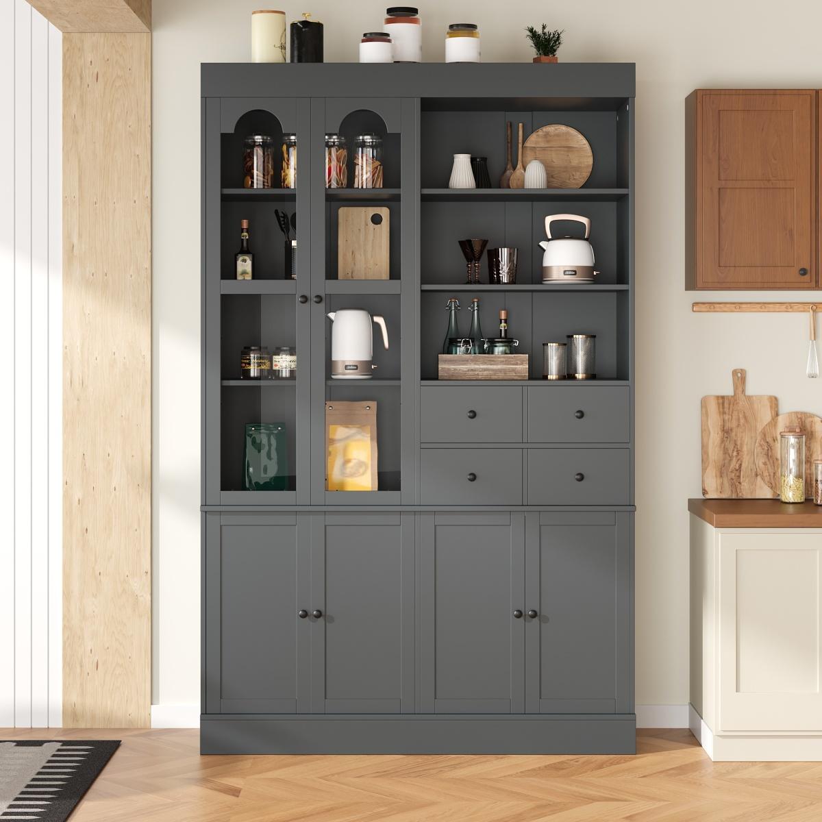 [Assembly Video Provided]  47.2x15.7x75inch Freestanding Buffet with Hutch, Tall Kitchen Pantry Cabinet with 4 Drawers, Door Shelves and Pull-out Trays for Dining room, Living Room, Gray