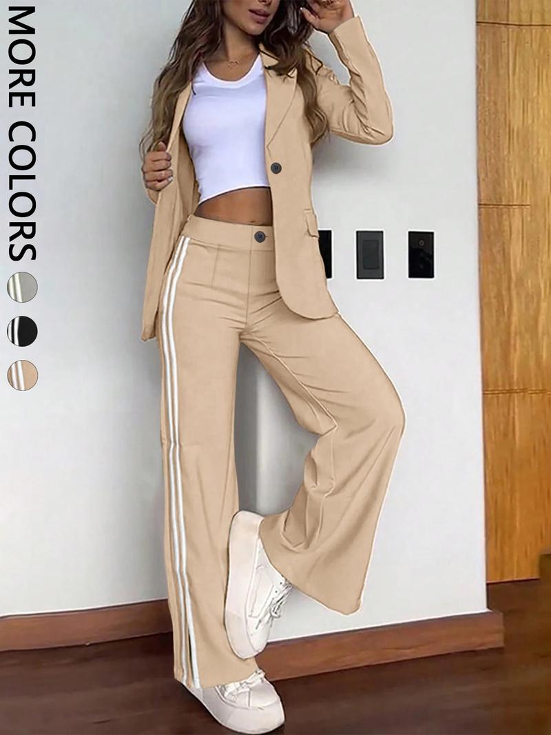 Women's Casual Suit Set, Pure Color Top + Loose Fit Long Pants, 2 Piece, Comfortable and Stylish, Perfect for Daily Wear