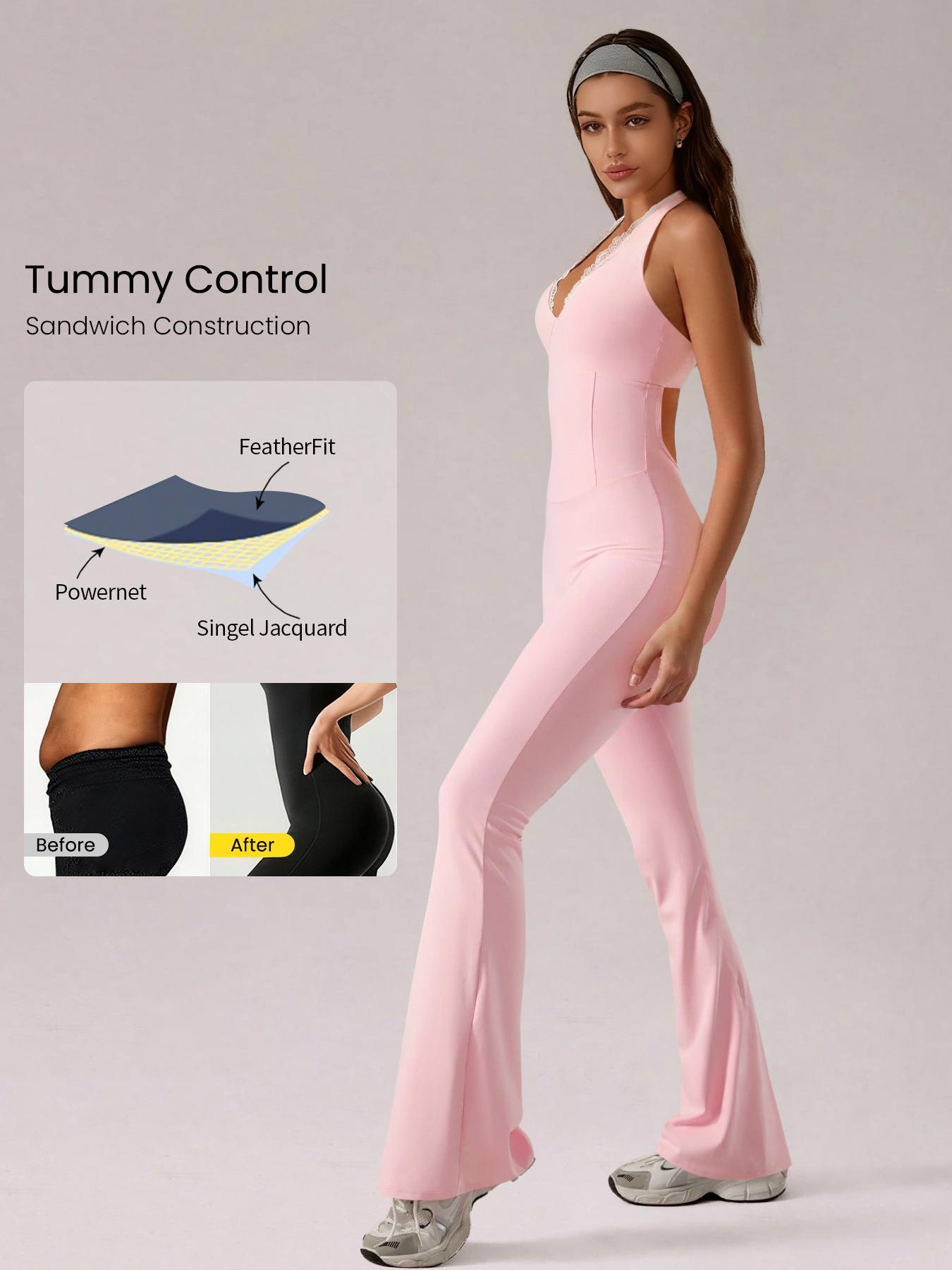 Women's Halter Neck Yoga Jumpsuit Lace Patchwork V Neck Removable Pads Hollow Out Backless, Sleeveless Tummy Control Casual Solid Color High Stretch Workout Utitard One Piece Jumpsuit For Y2K Yoga Gym Sports Dailywear, Ladies Sportswear All Seasons