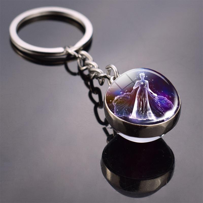 New Fashion Double Side Glass Ball Pendant Keychain 12 Zodiac Signs Keyring for Boyfriend Girlfriend Birthday Gifts