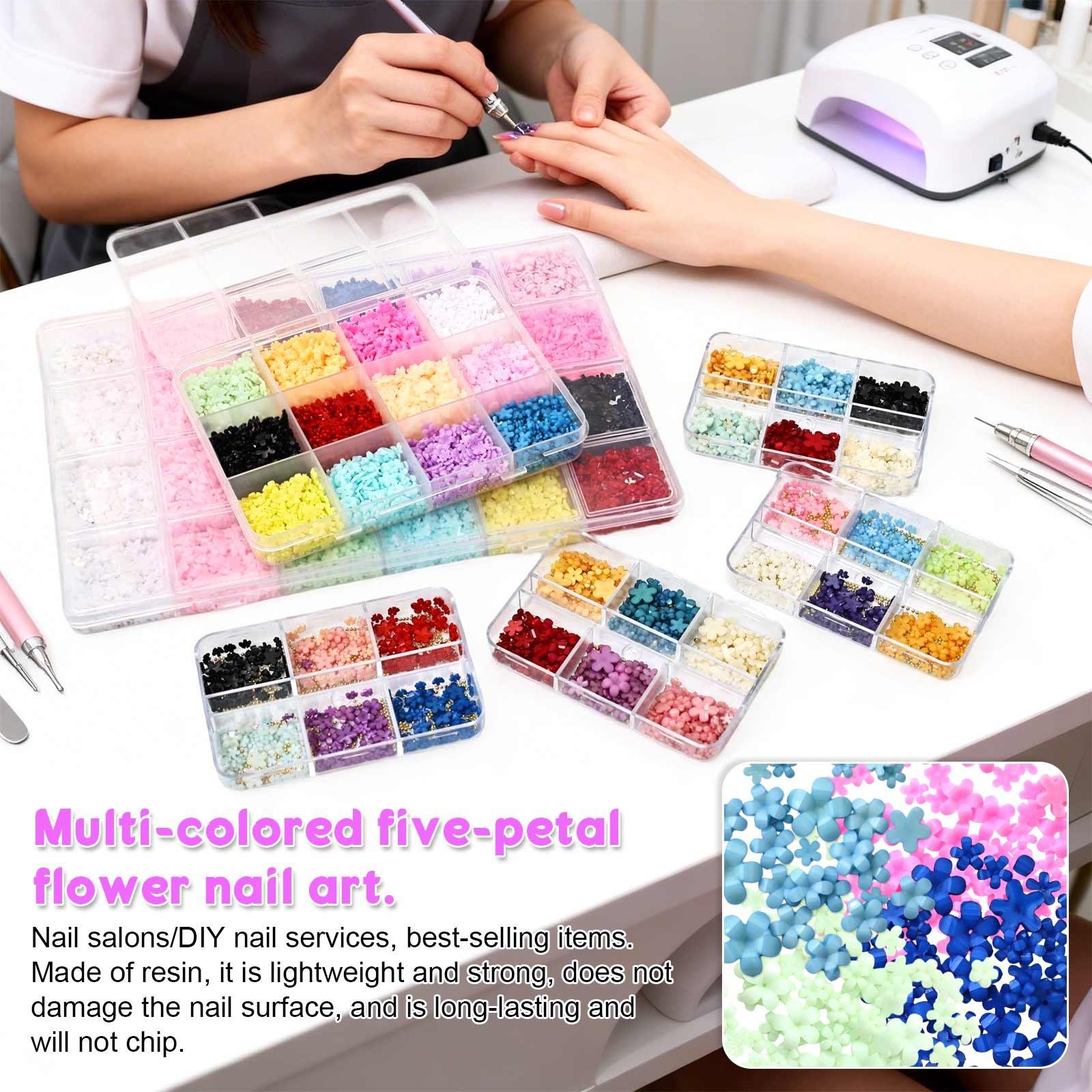Multicolor five-petal flower nail art accessories, available in 6 compartments/12 compartments/24 compartments, ultra-thin cherry blossom petals, suitable for various styles of nail decoration, for professional nail salons
