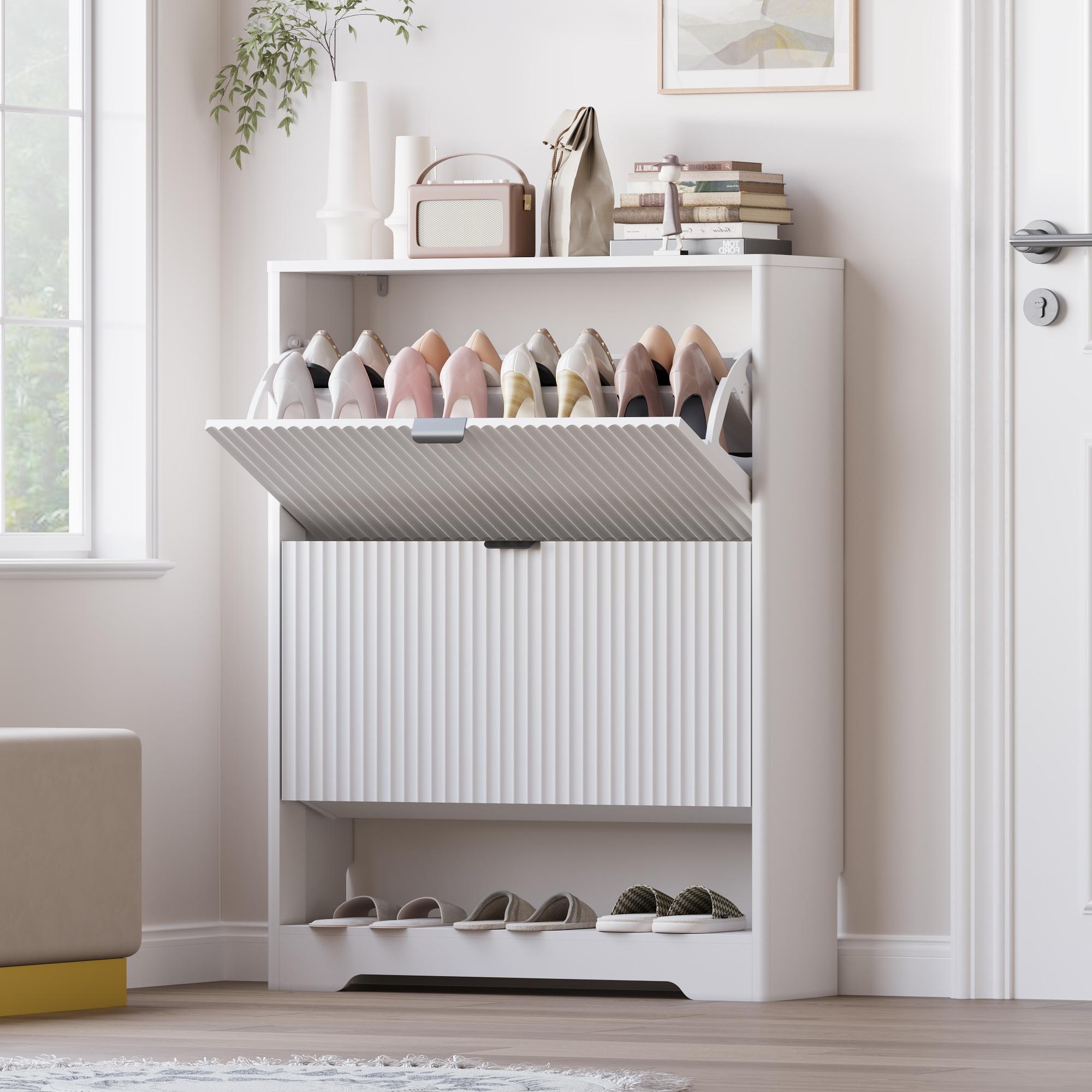 Shoe Cabinet Storage for Entryway with 2 Flip Drawers, Black Fluted Shoe Cabinet with Open Storage, Wooden Hidden Shoe Rack Freestanding Narrow Slim Shoes Organizer for Hallway, Entrance Shoe Cabinet Storage for Entryway with 2 Flip Drawers, Black Fluted Shoe Cabinet with Open Storage, Wooden Hidden Shoe Rack Freestanding Narrow Slim Shoes Organizer for Hallway, Entrance