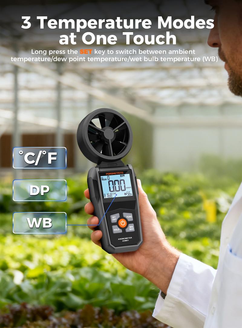 POROMETISTO AEM01 Digital Anemometer 0.8~40m/s Wind Speed Meter Handheld Humidity Air Velocity Airflow -20~60°C Temperature Test POROMETISTO AEM01 Digital Anemometer 0.8~40m/s Wind Speed Meter Handheld Humidity Air Velocity Airflow -20~60°C Temperature Test