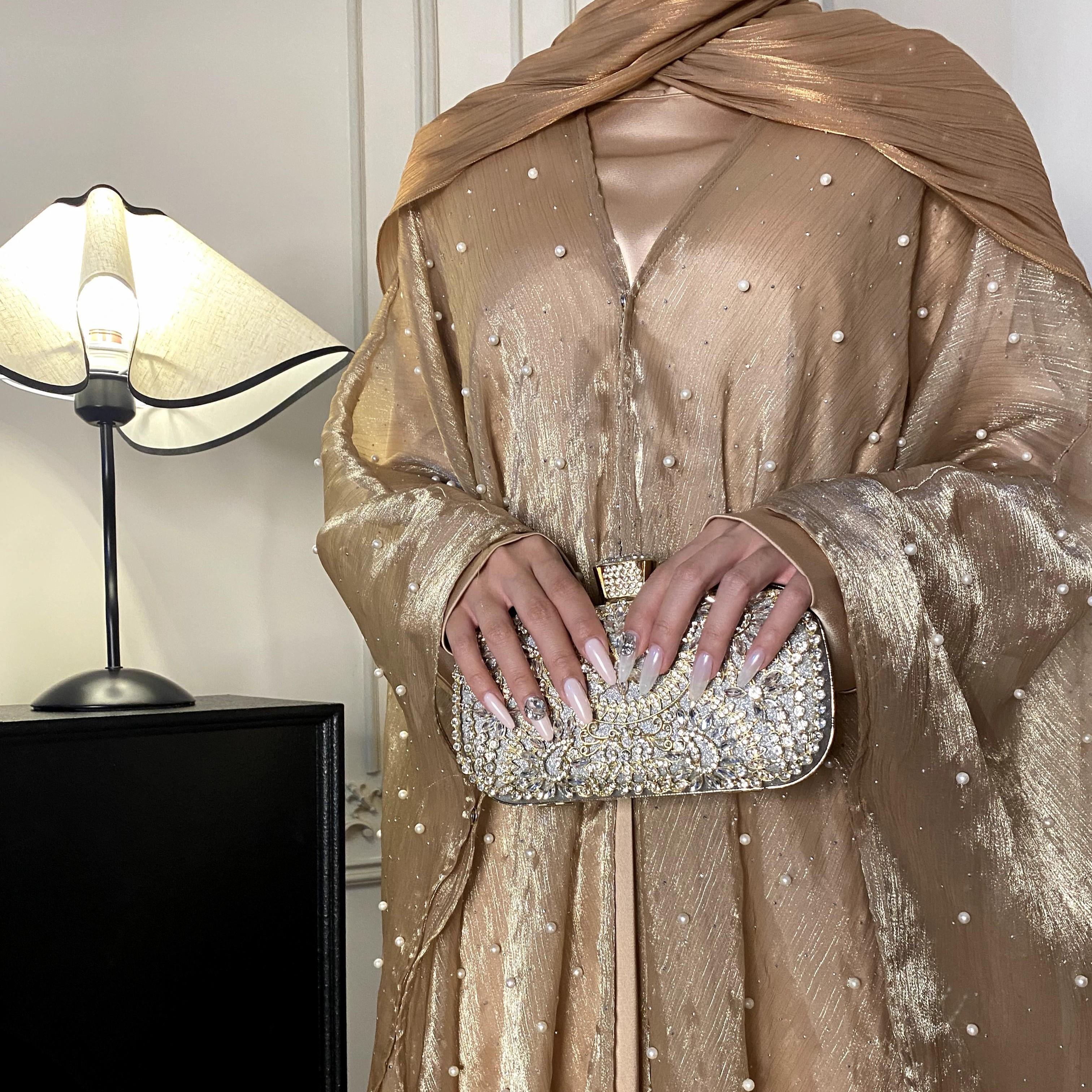 CL01 Starlight sparkling pearl abaya, two piece suit, abaya cardigan, bottoming dress Modest Beige Women Chiffon Chic【Fashionweek】 Modern