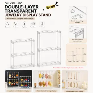 2-Tier Clear Acrylic Keychain Display Case with Hooks, Jewelry Organizer Stand Showcase for Desk, Dustproof Storage Box Holder for Plush Pendants, Necklaces, Bracelets, Small Collectibles