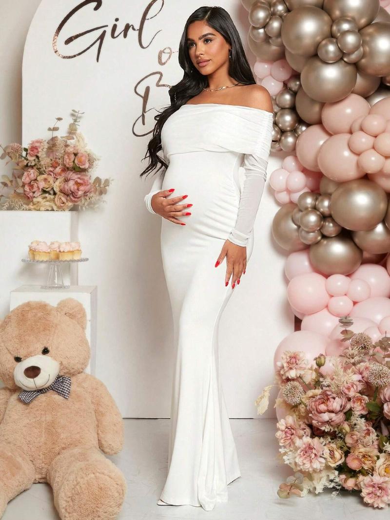 Solid Color off Shoulder Maternity Dress, Stylish Comfortable Design for Expecting Moms, Perfect for Baby Showers or Casual Outings, Maternity Clothing