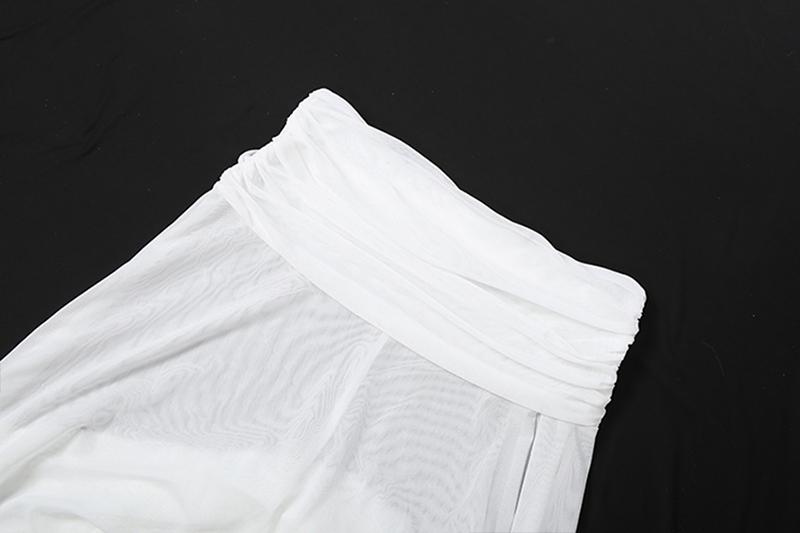 DOUCIU Summer Beach Vacation Yacht Party Sexy Hot Beautiful Cool Women'S Thin Style Solid Color Mesh See Through Long Sleeved Top Skirt Two-Piece Set