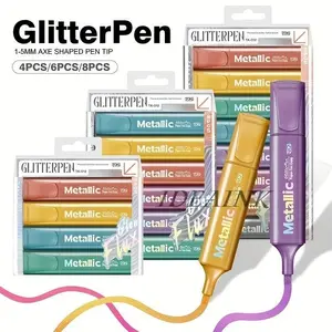 4 & 8 Color Sparkle Metallic Highlighter Markers, Quick-Dry Non-Toxic Pearlescent Ink, Dual Chisel Tip Glitter Pens for Journal, Planner, Lettering, Art and Signature Writing