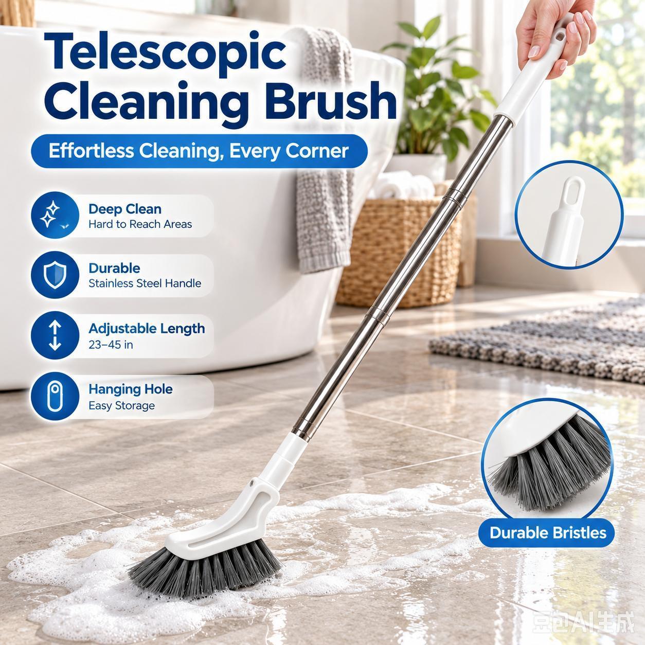 Long handle crevice cleaning brush reaching narrow areas