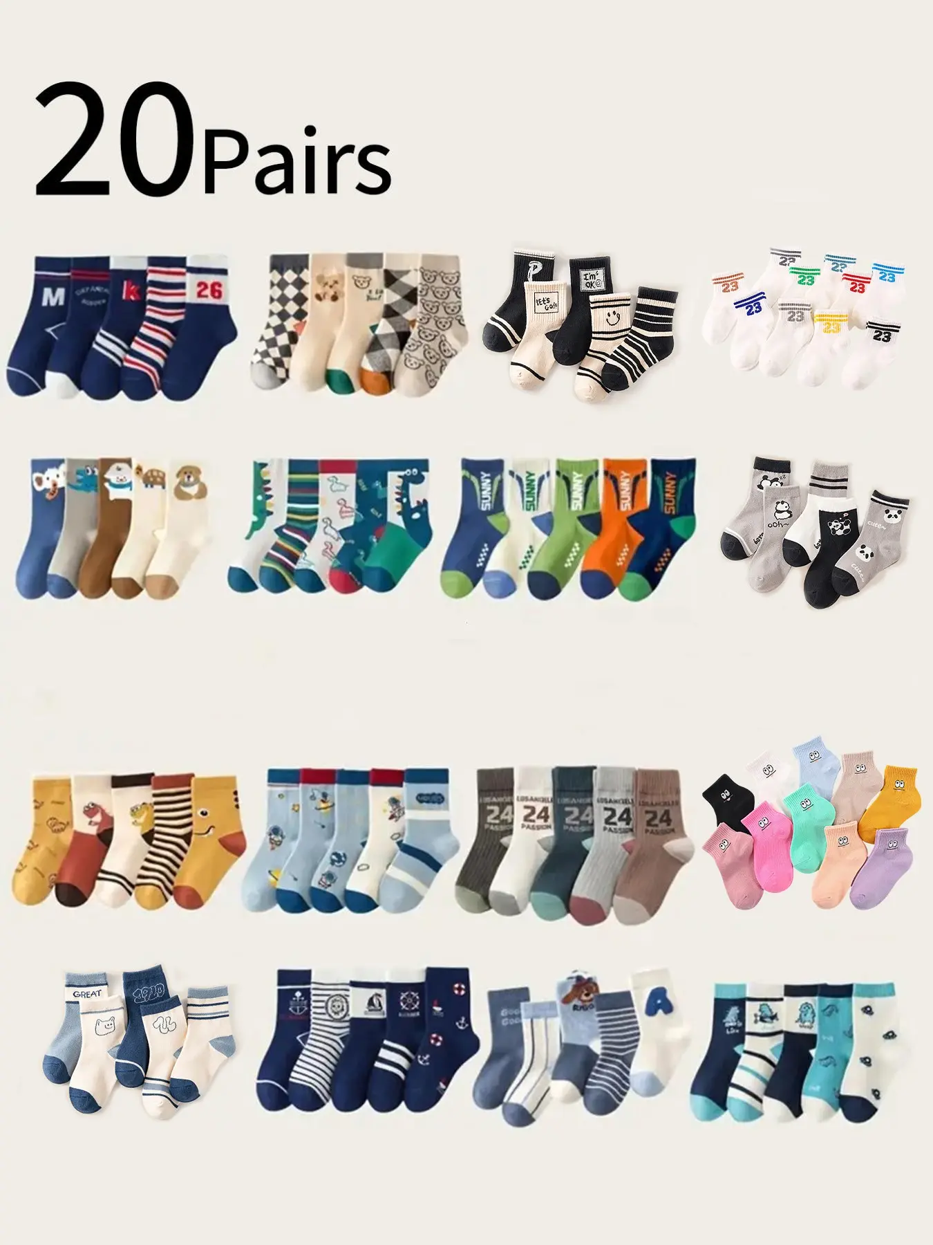 20 Pairs Cartoon Crew Socks, Fun Socks, Unisex Mid-Calf Sports Socks, Breathable Casual Knit Socks for All Seasons, Random Designs, Ideal for Daily Wear