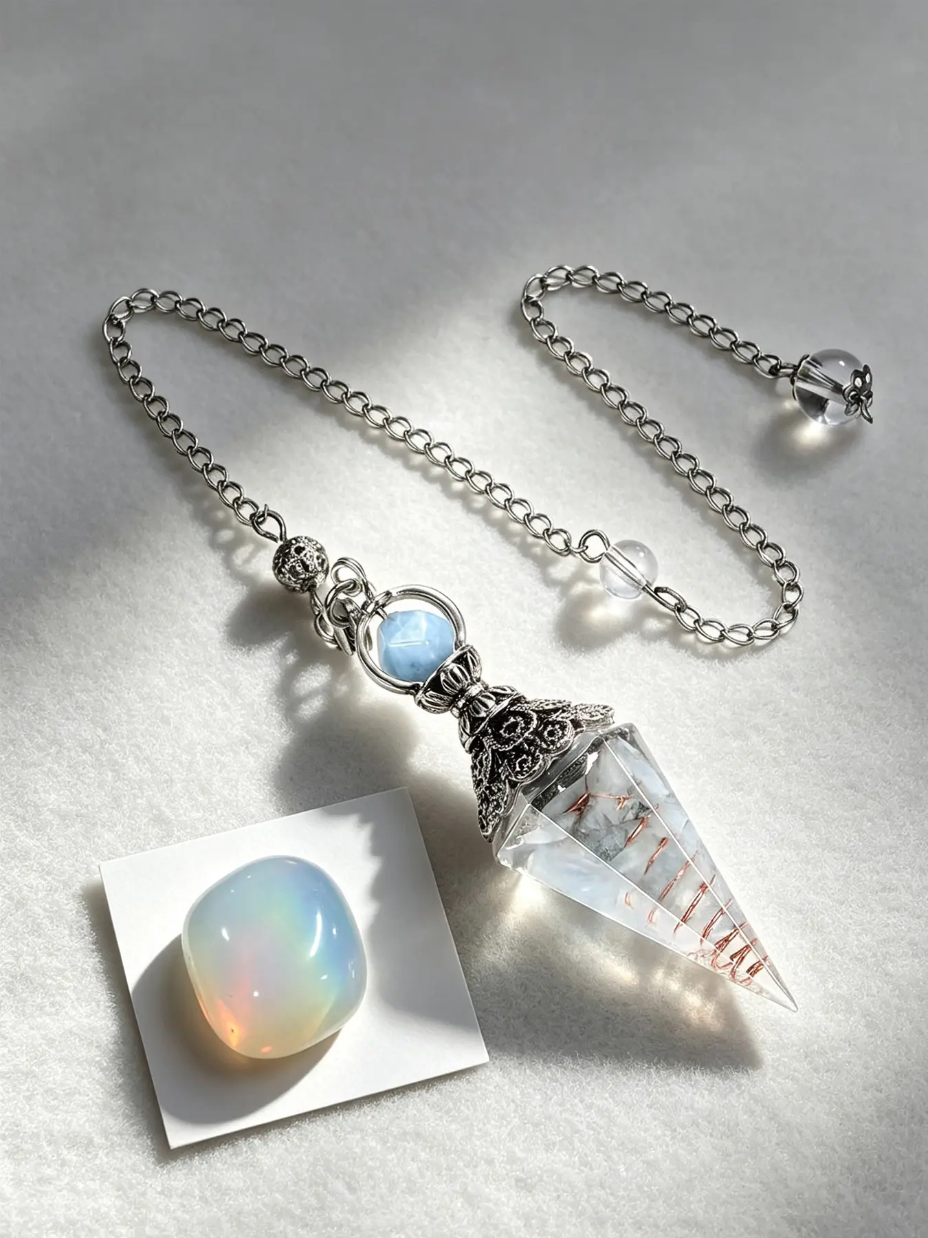 2pcs Aquamarine Spiritual Pendulum, Hexagonal Mining Tool with Polished Opal, Crystal Pendant with Chain, Crystal Jewelry, Pendants for Necklaces, Halloween Christmas Gift, Divination