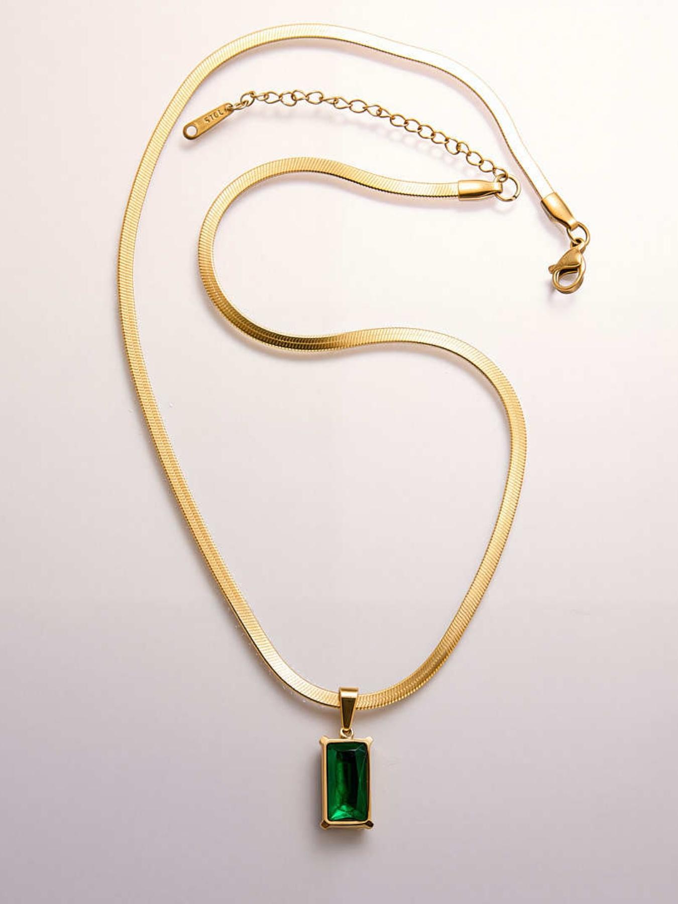 Luxury Gold Plated Green Gem Necklace Earrings Set, Elegant Emerald Jewelry for Women, Vintage Style Snake Chain Pendant Earrings, Perfect Gift for Her