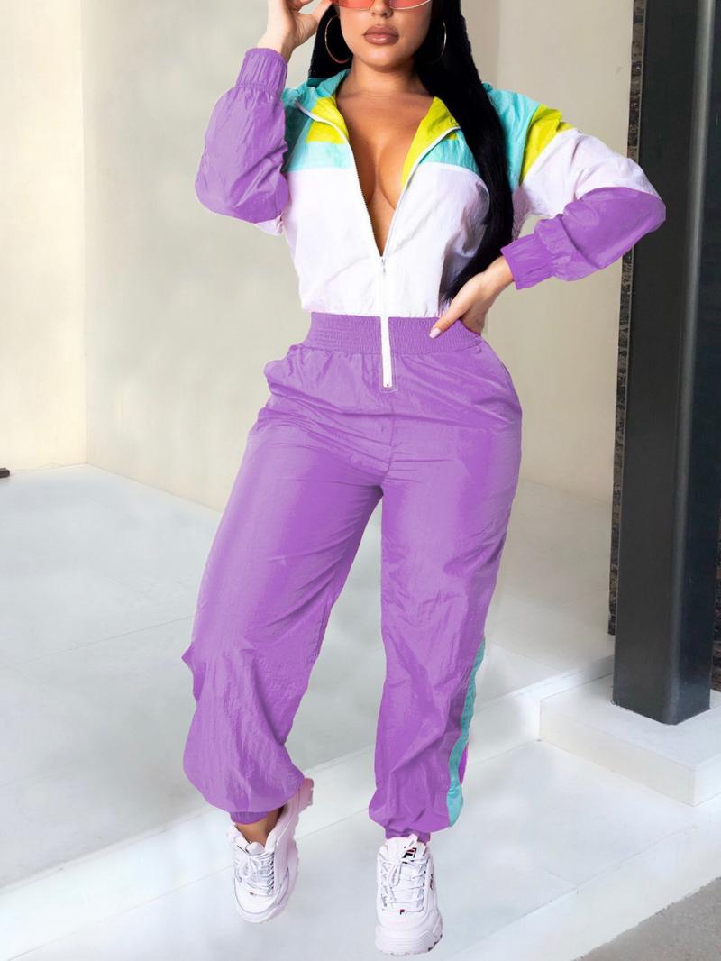 Women's Colorblock Hooded Jumpsuit with Zipper Pockets, Elastic Waist Casual Fitted Overall, Lightweight Windbreaker Jumpsuit