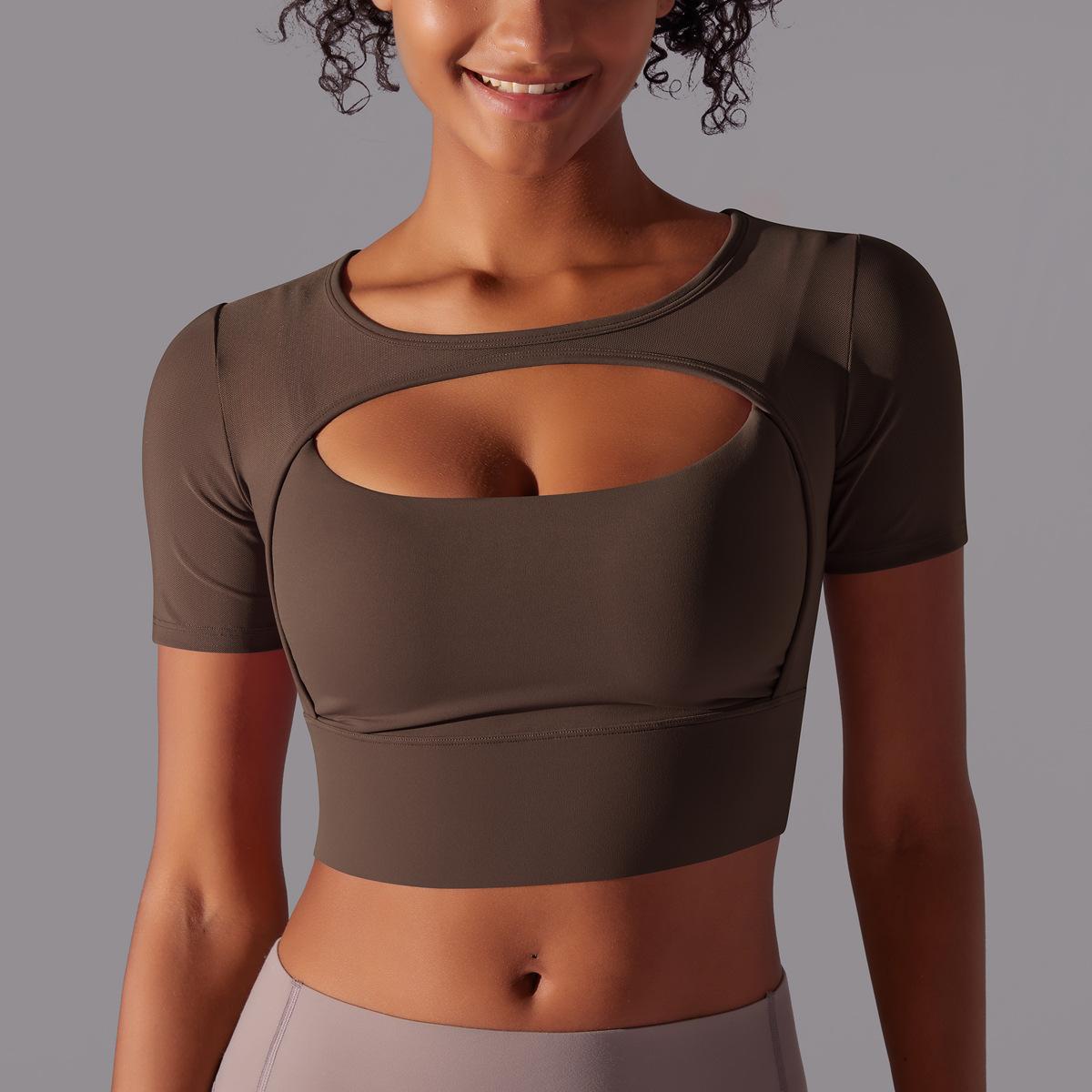 Classic Solid Color Mesh Stitching Double-Layer Short Sleeve Racerback Bra Top Women - Running, Fitness, Yoga Workout Top1123