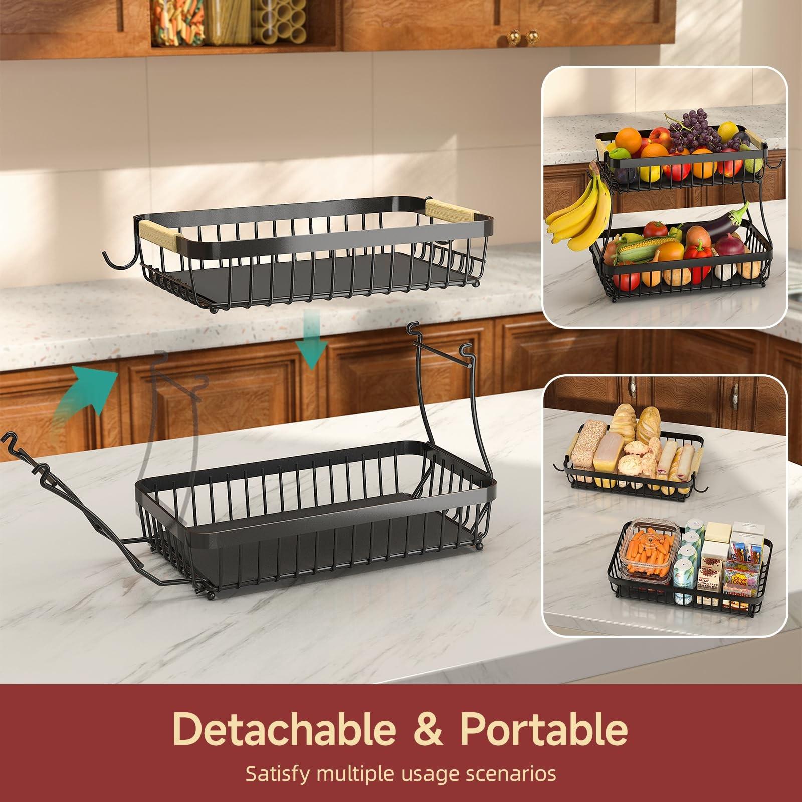 Double Layer Large Fruit Basket, Kitchen Countertop Organizer, Includes Two Removable Banana Hooks, Durable Storage Solution