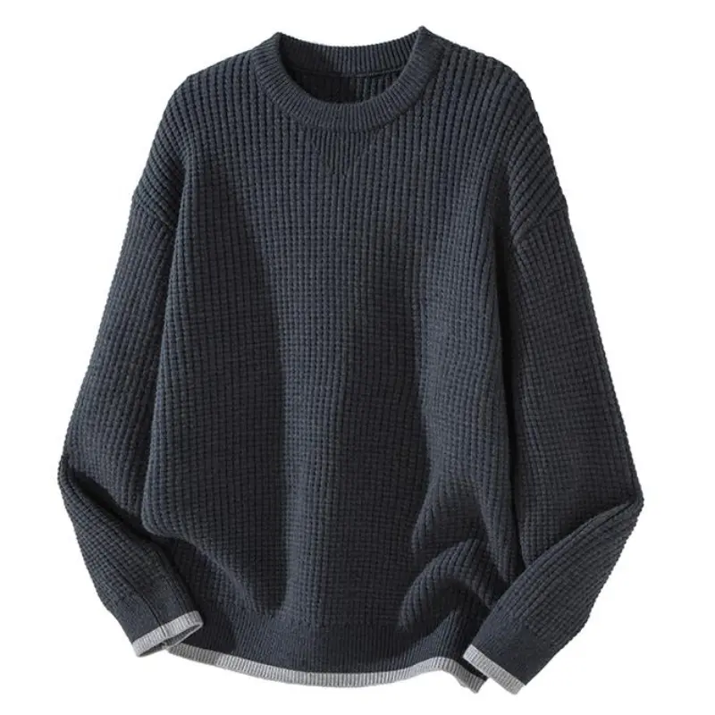 waffle knit crew neck sweater, contrast light grey trim on hem and cuffs, loose oversized silhouette, thick textured knitted fabric, casual long sleeve pullover jumper for autumn winter daily layered outfits