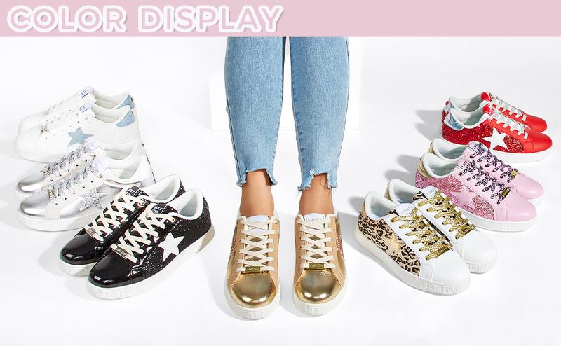 LUCKY STEP Women's Fashion Star Sneaker Lace Up Low Top Comfortable Cushioned Walking Shoes with Glitter Star Pattern & Non-Slip TPR Outsole
