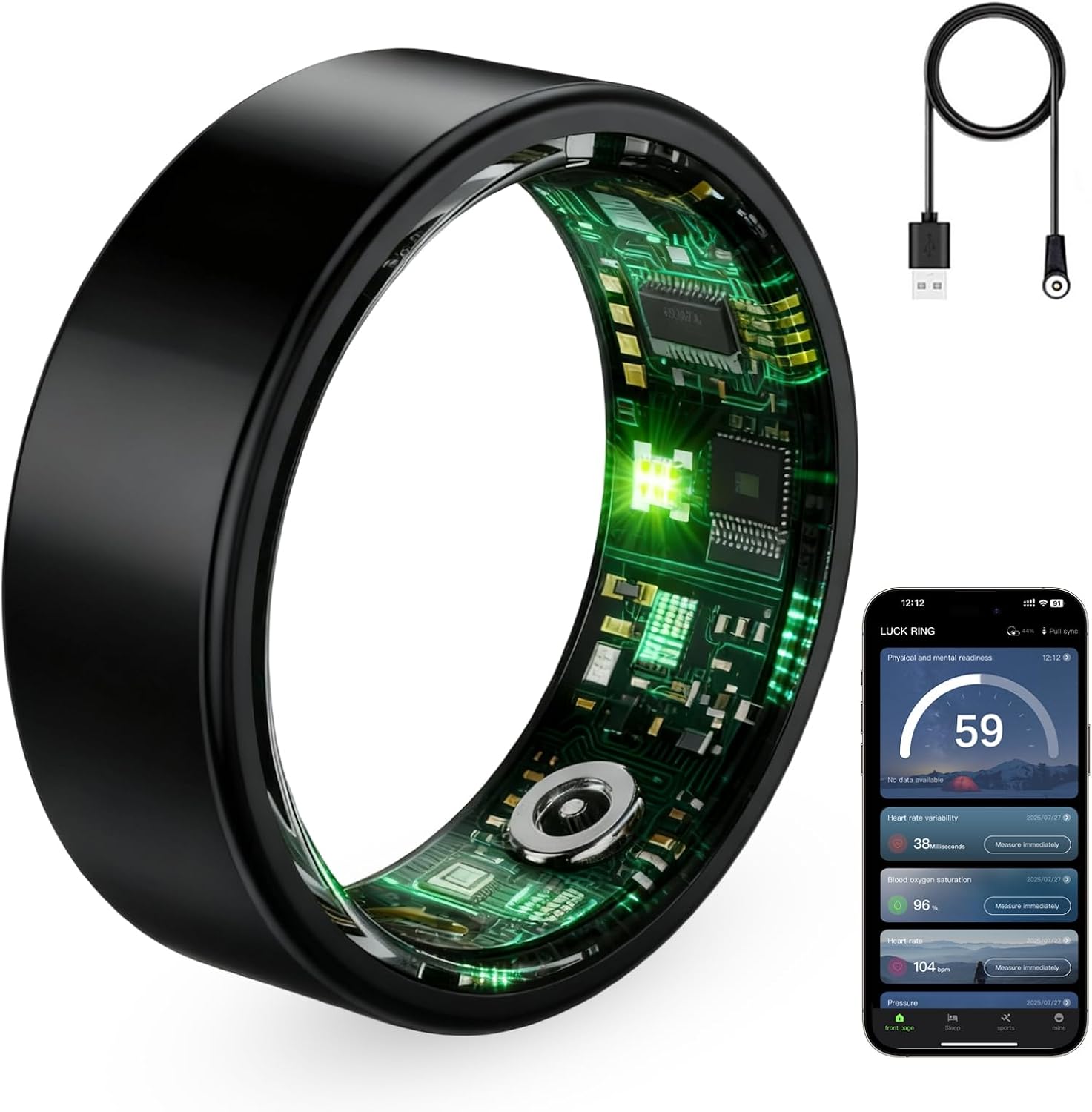 Smart Ring Fitness Tracker, Titanium Wireless Health Monitor with Heart Rate Tracking, Multi-Sensor Waterproof Device, App-Connected Wearable for Men and Women, Sizes 7-12