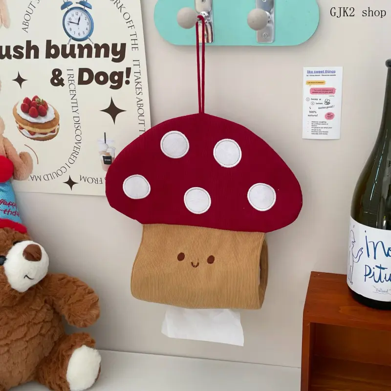 Soft Corduroy Wall‑Mounted Tissue Bag, Adorable Cartoon Hanging Napkin Holder for Bedroom & Dorm