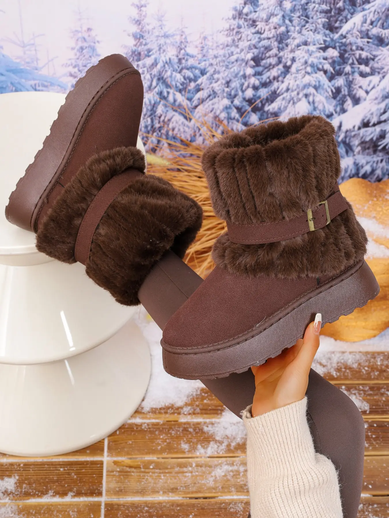 Women's Winter Platform Furry Snow Boots, Buckle Decor Warm Fleece‑Lined Mid‑Calf Cotton Boots