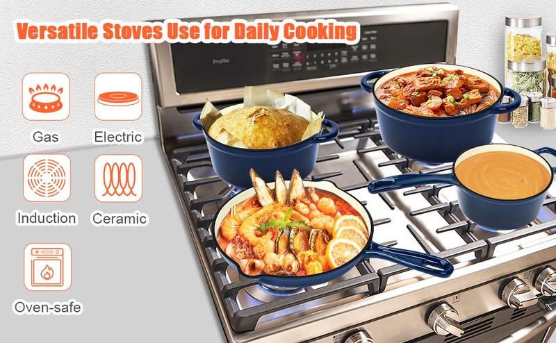 Elf Grill Nonstick Enameled Cast Iron 7-Piece Cookware Set with Dutch Oven & Frying Pans Oven Safe to 500°F for Sourdough Baking Modern Kitchenware