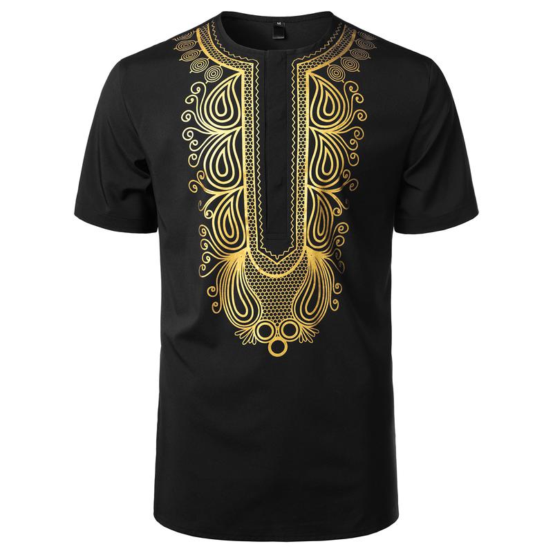 ZEROYAA Men's African Ethnic Hidden Button Short Sleeve Shirt Metallic Gold Printed Dashiki Menswear Fabric summer outfits men 4th july outfit