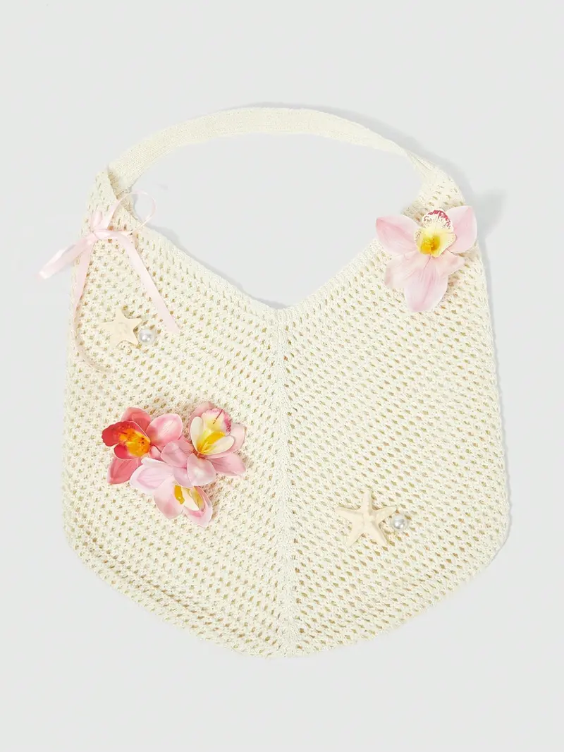 Hollow Out Knit Floral Embellished Aesthetic Tote Bag, Orchid Flower Ribbon Decoration, Large Capacity Shoulder Bag for Fall Winter Beach Vacation