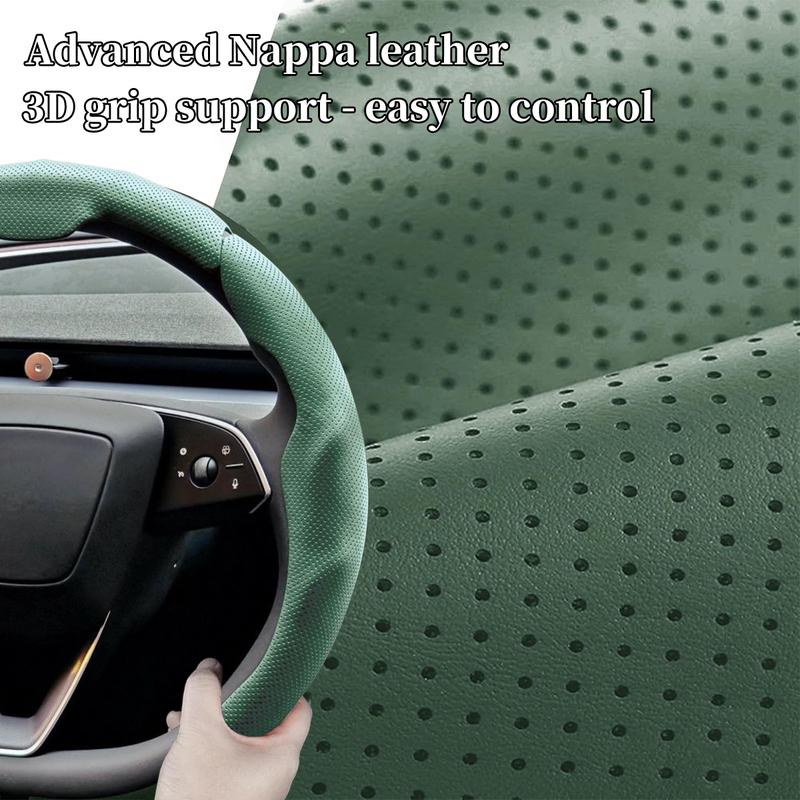 Nappa Leather Car Steering Wheel Cover - Quick Turn Non-Slip Breathable Ultra-Thin Cover for 14.5-15 inch Universal, Car Accessories, Car Essentials