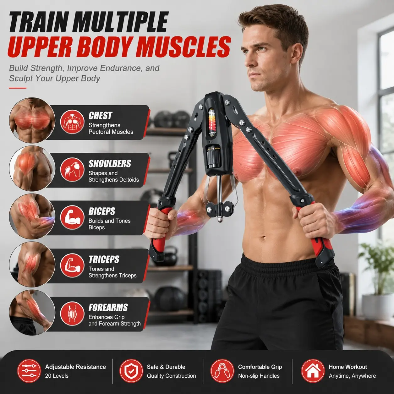 R8 Adjustable Hydraulic Arm Exerciser, 22-440 Lbs Resistance Power Twister, Upper Body Strength Trainer for Chest, Arms, Shoulders & Forearms, Home Gym Equipment for Men & Women
