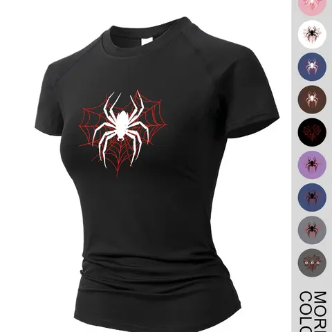 Women's Y2K Spider Print T-shirt, Sporty Short-Sleeve Tee for Workout, Yoga, Running & Training, Quick-Dry Breathable Stretchy Fabric, Workout Tops