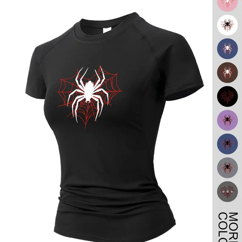 Women's Y2K Spider Print T-shirt, Sporty Short-Sleeve Tee for Workout, Yoga, Running & Training, Quick-Dry Breathable Stretchy Fabric, Workout Tops