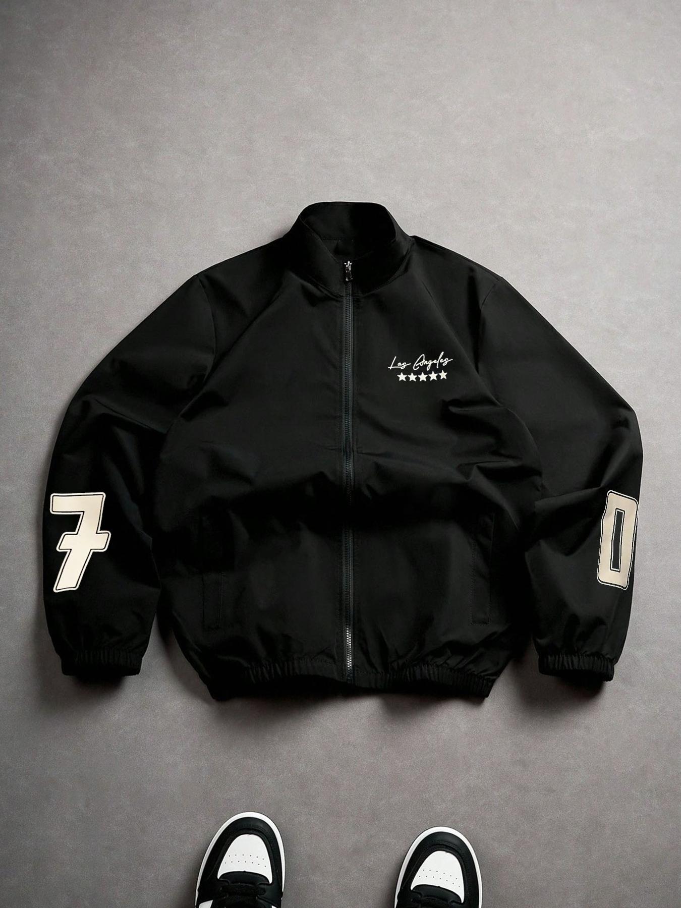 Men's Black Los Angeles Zip-Up Jacket with 07 Number Back Print and Star Details, Vintage Sportswear with Sleeve Numbers for Casual Street Style and Daily Wear, Athletic Jackets, Athlete Jackets
