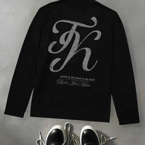 Y2K crew-neck long-sleeve T-shirt, Streetwear, pullover top with large cracked vintage-style script K-letter print on the back, lightweight street base layer printed with small slogan phrases, skin-friendly breathable piece