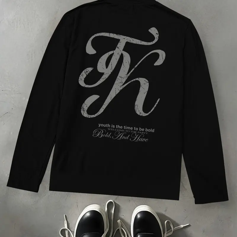 Y2K crew-neck long-sleeve T-shirt, Streetwear, pullover top with large cracked vintage-style script K-letter print on the back, lightweight street base layer printed with small slogan phrases, skin-friendly breathable piece
