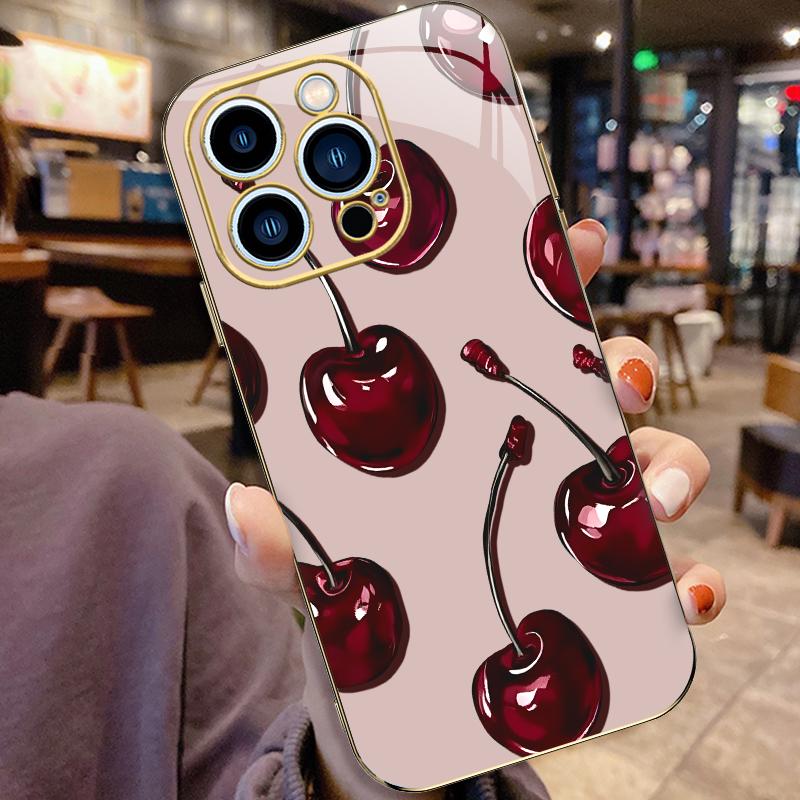 Vintage Cherry Coquette Phone Case – Glossy Dark Fruit Aesthetic, Gold Edges, Soft Cover for iPhone 14 Pro Max — 975
