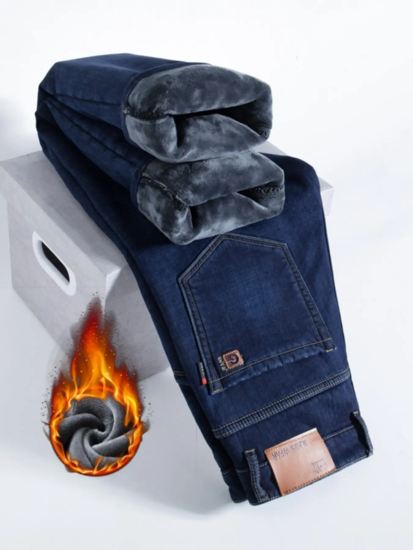 Men's Fleece Lined Straight Leg Jeans, Deep Blue Thick Warm Denim Jeans, Winter Essential Elastic Casual Men's Pants