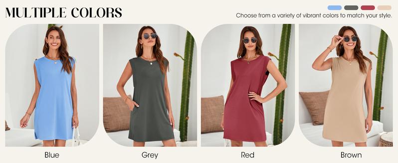 Wenrine Women's Summer Mini Dress Casual Loose Sleeveless Crewneck Slit Basic T Shirt Dresses with Pockets