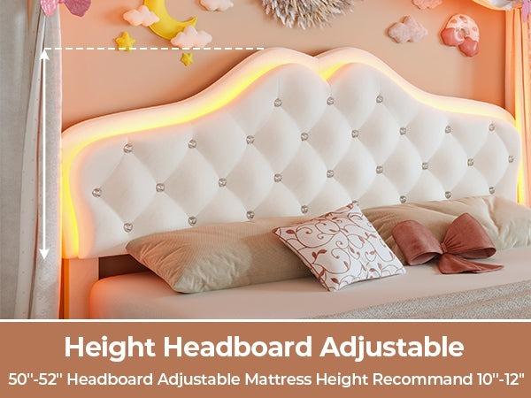 Sikaic Full Size Velvet Princess Platform RGB LED Bed with Storage Drawers and Adjustable Crystal Button Headboard Creamy Furniture Luxury Design Cute