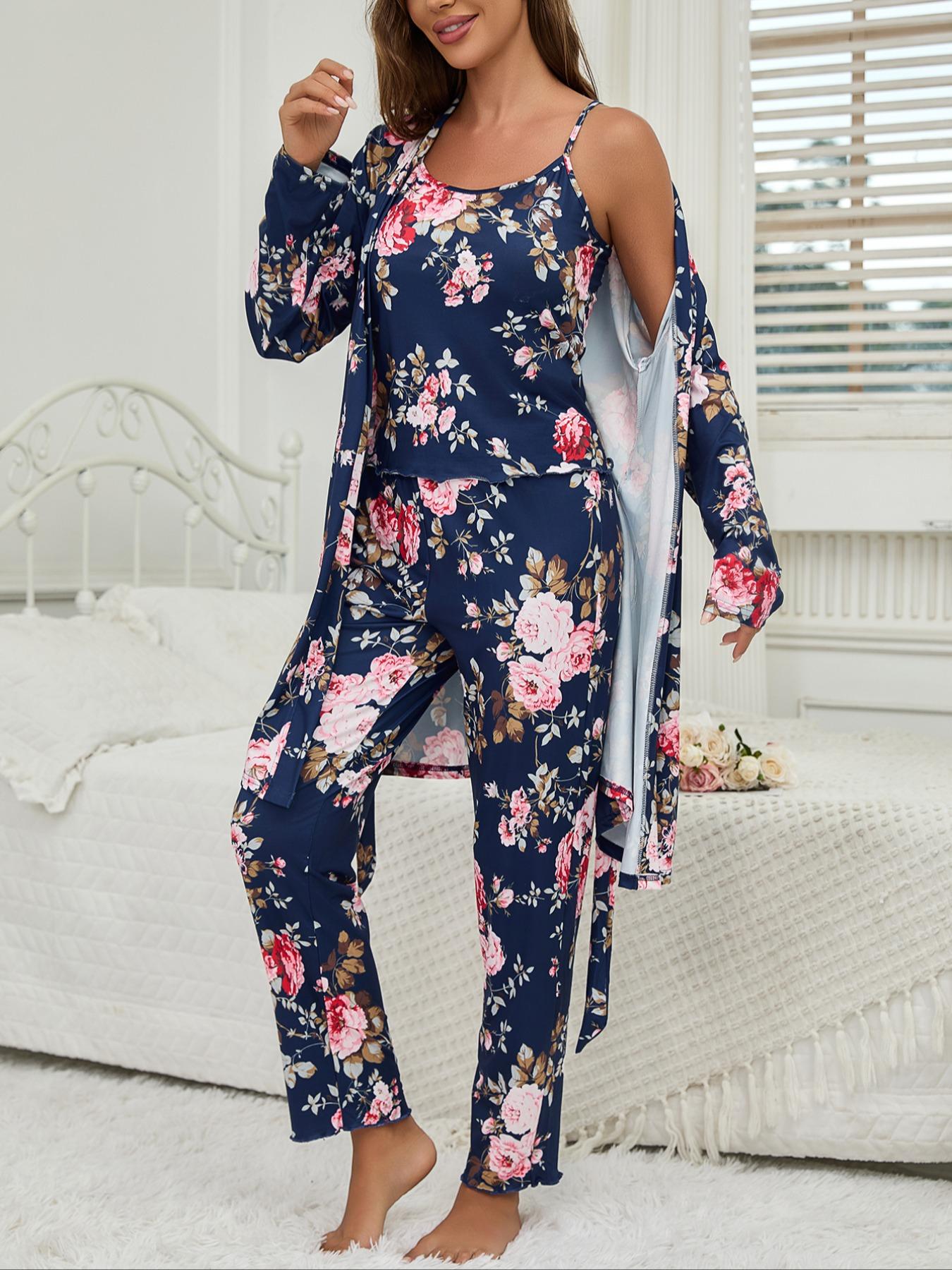 Women's All Over Floral Print Pajama Set, Long Sleeve Open Front Outwear & Pants & Cami Top, Casual Comfy Fitted Sleepwear Set for Women, Loungewear, Knit, Camisole Women's All Over Floral Print Pajama Set, Long Sleeve Open Front Outwear & Pants & Cami Top, Casual Comfy Fitted Sleepwear Set for Women, Loungewear, Knit, Camisole