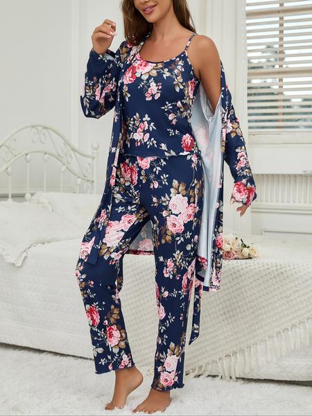 Women's All Over Floral Print Pajama Set, Long Sleeve Open Front Outwear & Pants & Cami Top, Casual Comfy Sleepwear Set Loungewear for Women